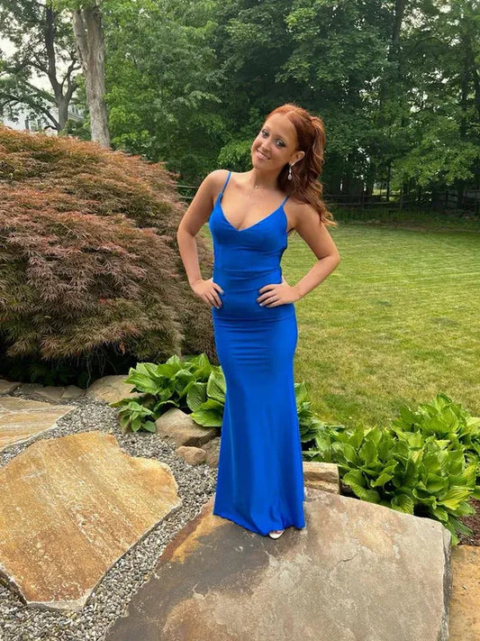 Glamorous Mermaid Spaghetti Strap Open Back Satin Floor Length Prom Gown