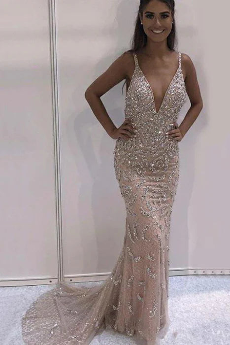Glamorous Mermaid Spaghetti Straps Beaded Champagne Wedding Dress