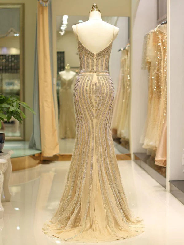 Glamorous Mermaid Spaghetti Straps Beaded Floor-Length Prom Dress