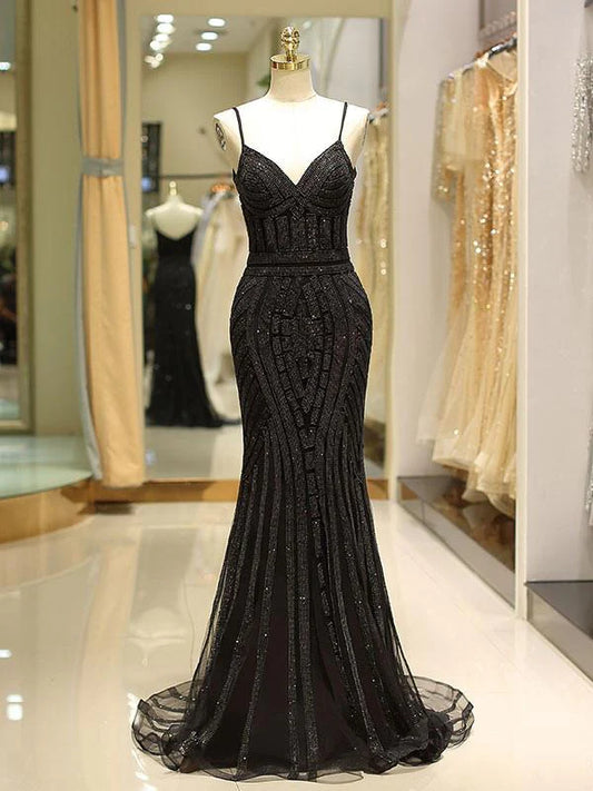 Glamorous Mermaid Spaghetti Straps Beaded Floor-Length Prom Dress