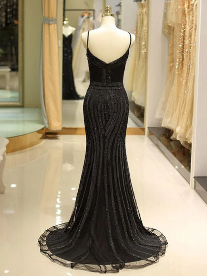 Glamorous Mermaid Spaghetti Straps Beaded Floor-Length Prom Dress