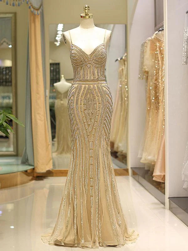 Glamorous Mermaid Spaghetti Straps Beaded Floor-Length Prom Dress