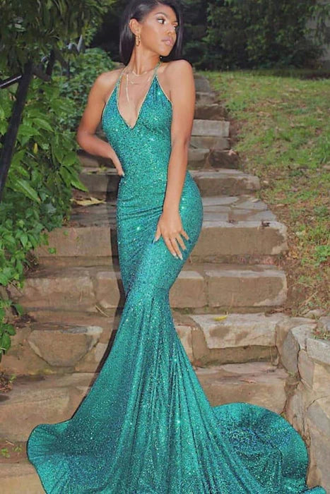 Glamorous Mermaid Spaghetti Straps Sequin Emerald Green Evening Dress