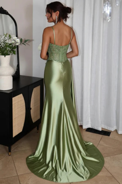 Glamorous Mermaid Spaghetti Straps Sequin Satin Floor-Length Prom Dress