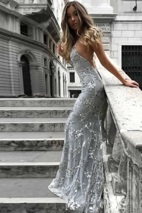 Glamorous Mermaid Spaghetti Straps Sequin Silver Party Dress
