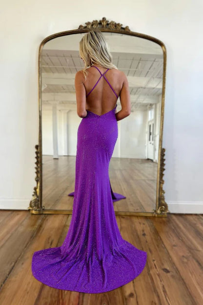 Glamorous Mermaid Spaghetti Straps Sparkle Purple Prom Dress