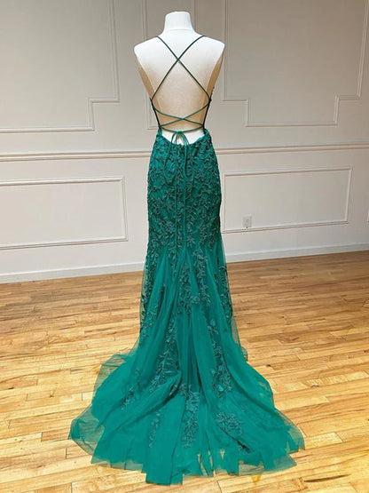 Glamorous Mermaid Square Neck Spaghetti Strap Lace Emerald Evening Dress