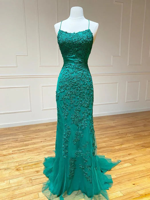 Glamorous Mermaid Square Neck Spaghetti Strap Lace Emerald Evening Dress