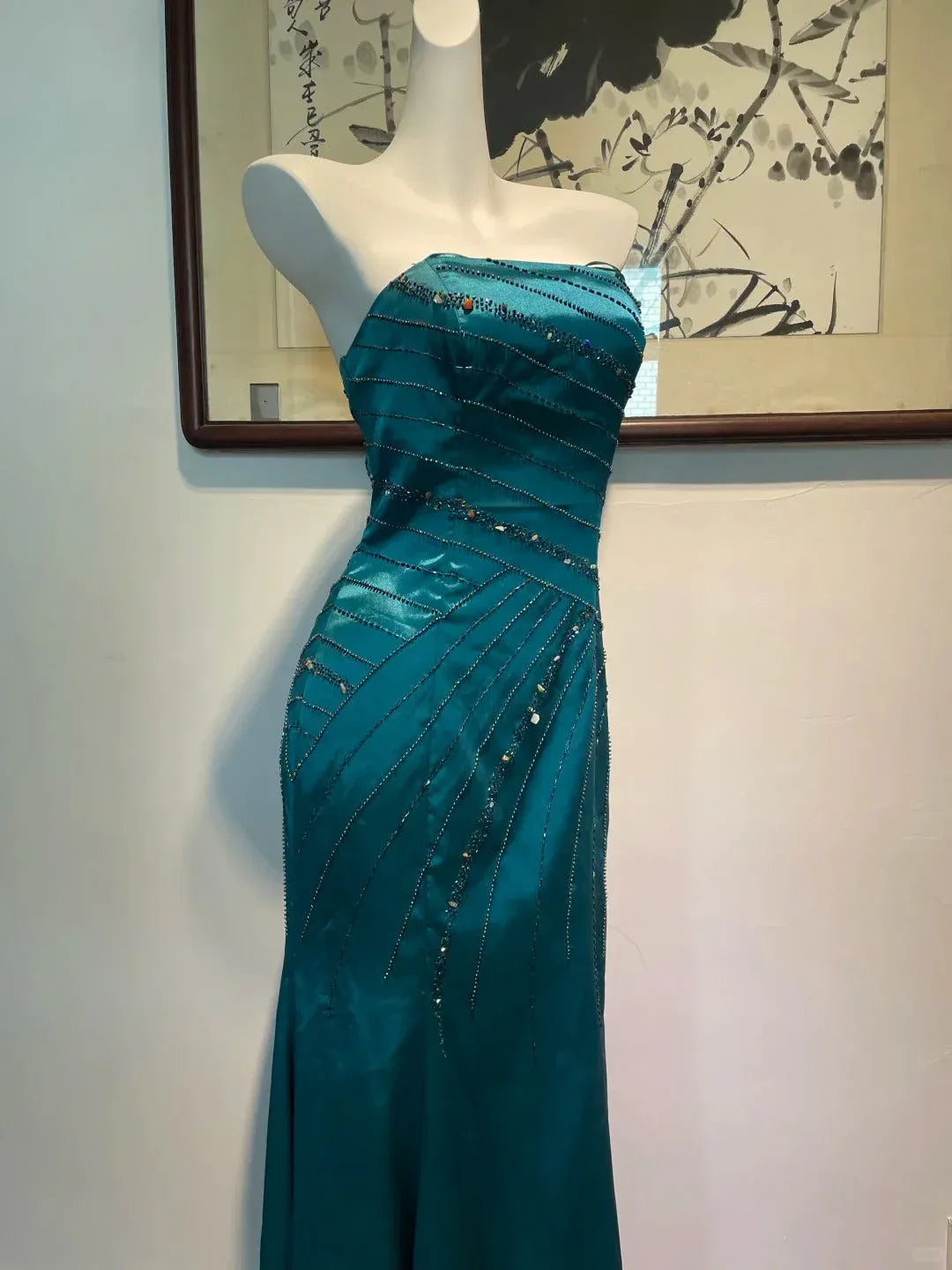 Glamorous Mermaid Strapless Beaded Teal Maxi Prom Dress for Women ready to ship