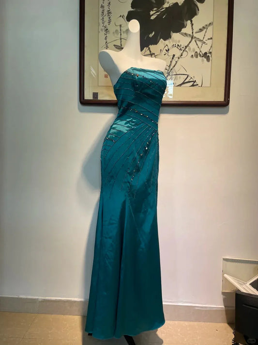 Glamorous Mermaid Strapless Beaded Teal Maxi Prom Dress for Women ready to ship