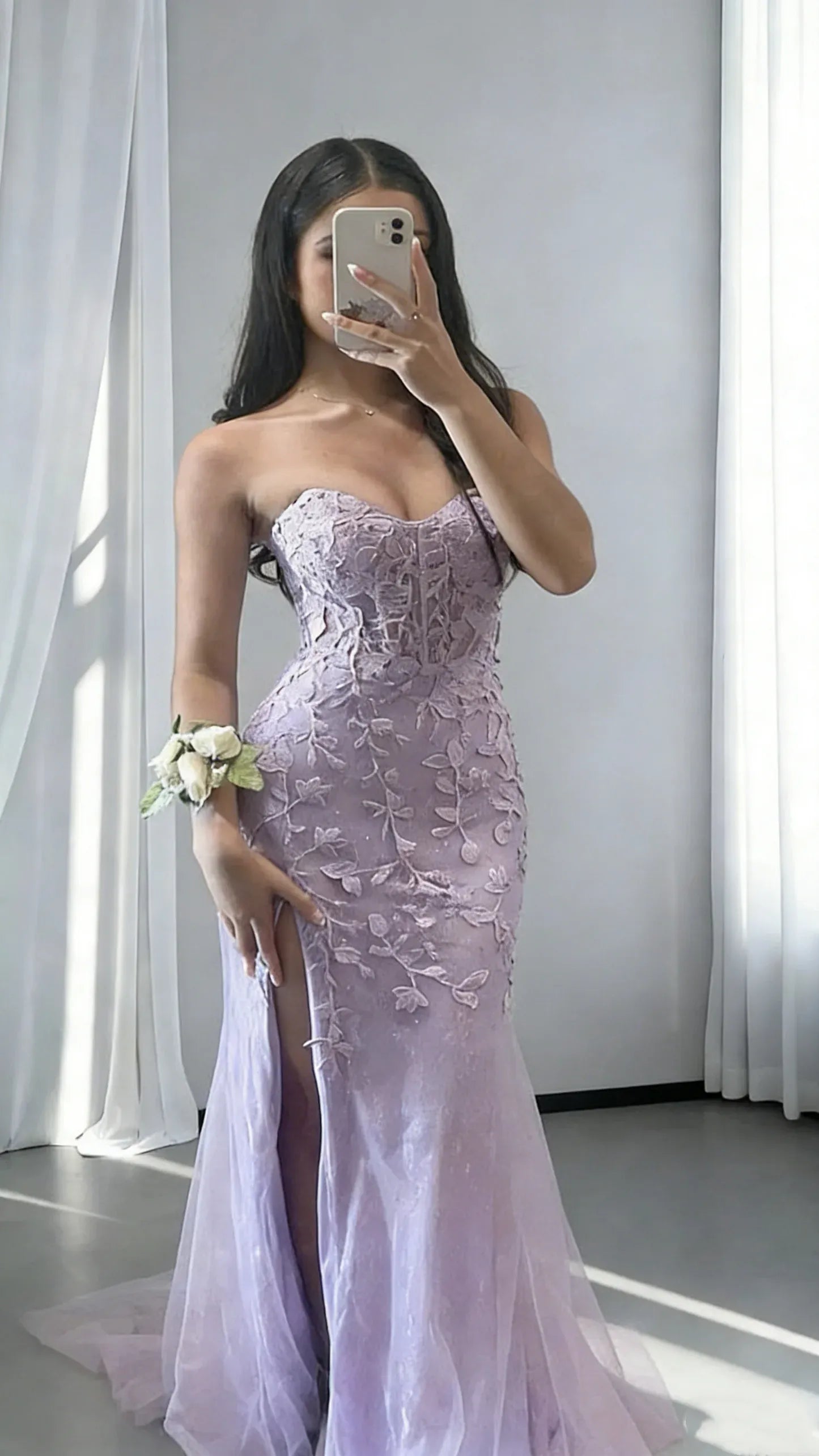 Glamorous Mermaid Strapless Embroidered Slit Tulle Prom Gown