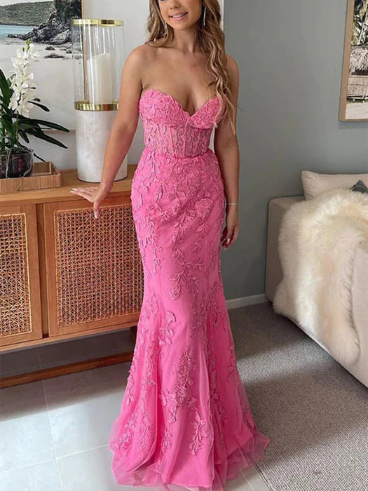 Glamorous Mermaid Strapless Lace Hot Pink Floor-Length Prom Dress