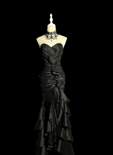 Glamorous Mermaid Strapless Ruffled Black Floor-Length Prom Dresses