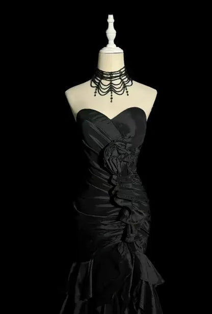 Glamorous Mermaid Strapless Ruffled Black Floor-Length Prom Dresses