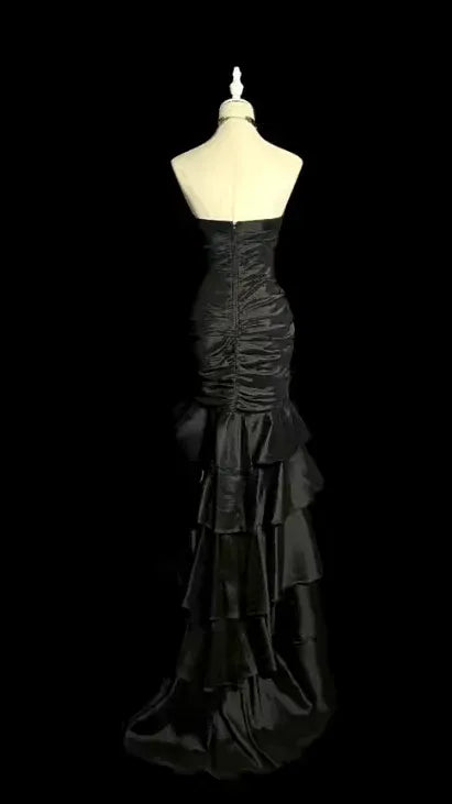 Glamorous Mermaid Strapless Ruffled Black Floor-Length Prom Dresses