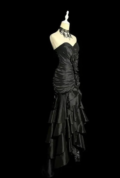 Glamorous Mermaid Strapless Ruffled Black Floor-Length Prom Dresses