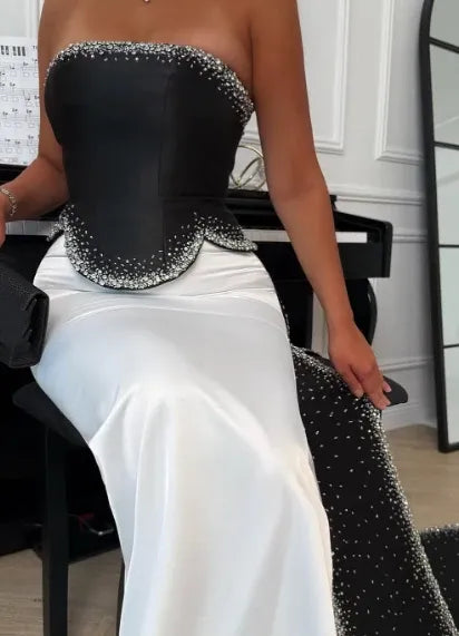 Glamorous Mermaid Strapless Sleeveless Beaded Black White Maxi Prom Dress for Women Custom