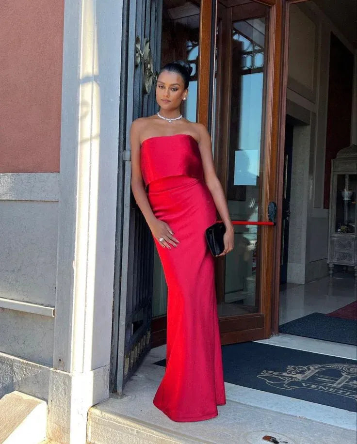 Glamorous Mermaid Strapless Sleeveless Overlay Red Floor-Length Prom Dress For Women Hot Sale