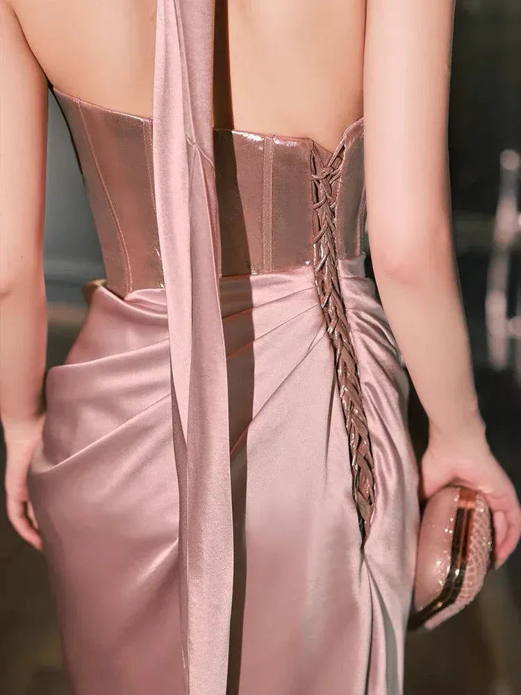 Glamorous Mermaid Strapless Sleeveless Ruched Dusty Pink Maxi Prom Dress for Women Custom