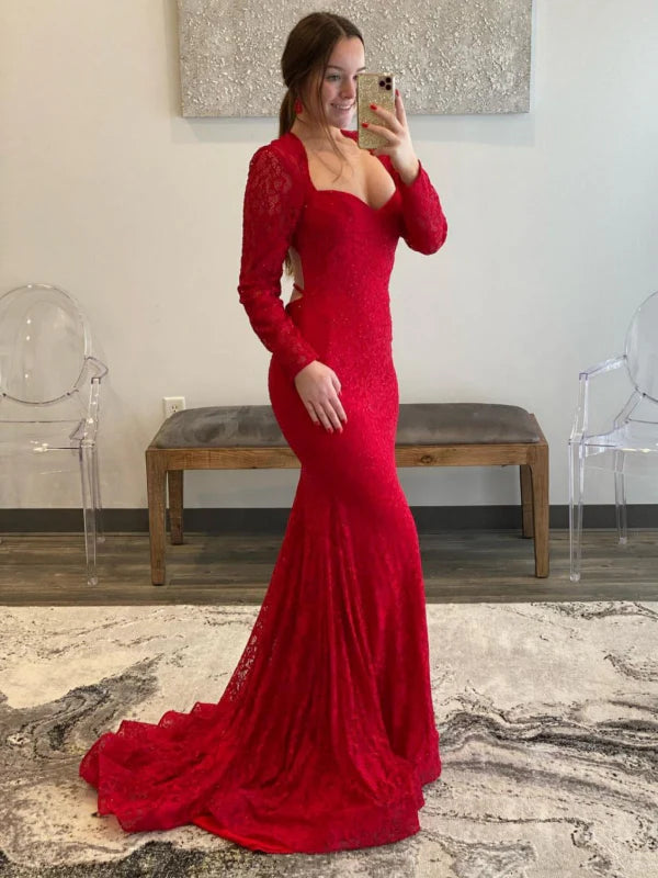 Glamorous Mermaid Sweetheart Long Sleeve Lace Red Evening Dress