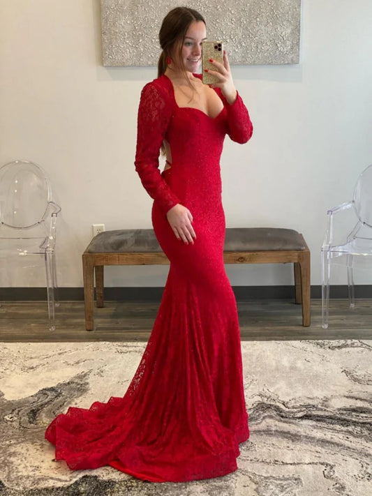 Glamorous Mermaid Sweetheart Long Sleeve Lace Red Evening Dress