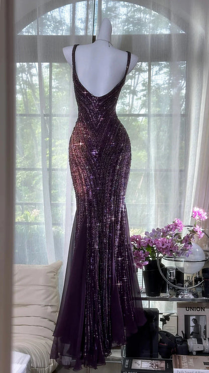 Glamorous Mermaid Sweetheart Neck Beaded Purple Maxi Prom Dress