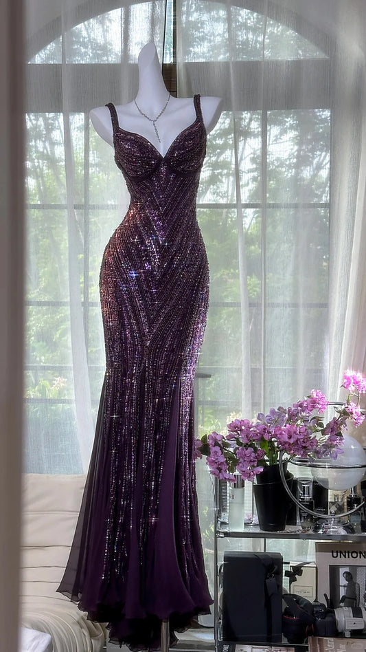 Glamorous Mermaid Sweetheart Neck Beaded Purple Maxi Prom Dress