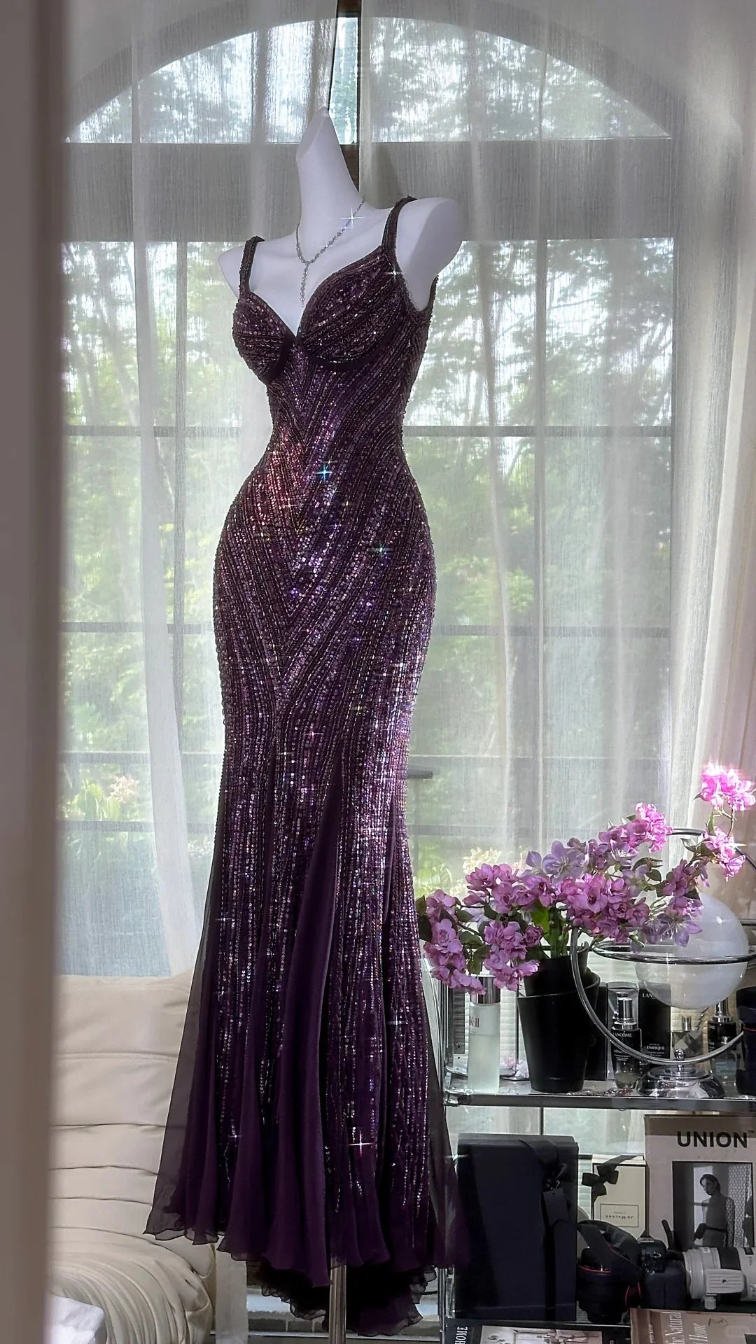 Glamorous Mermaid Sweetheart Neck Beaded Purple Maxi Prom Dress