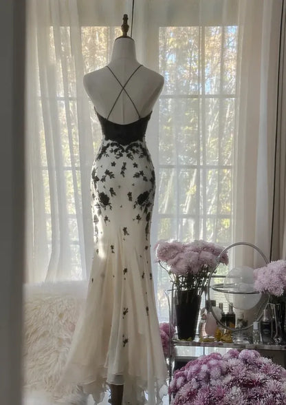 Glamorous Mermaid Sweetheart Neck Sleeveless Floral Ivory Maxi Prom Dress for Women Custom