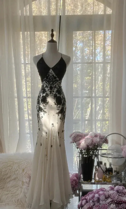 Glamorous Mermaid Sweetheart Neck Sleeveless Floral Ivory Maxi Prom Dress for Women Custom