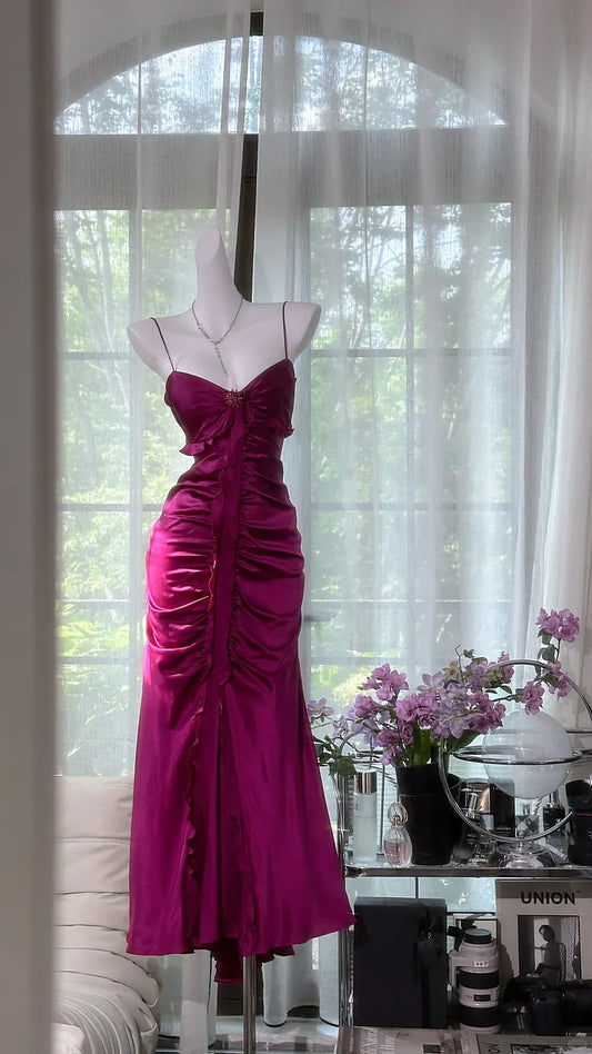 Glamorous Mermaid Sweetheart Neck Sleeveless Ruched Magenta Midi Prom Dress for Women Ready to Ship