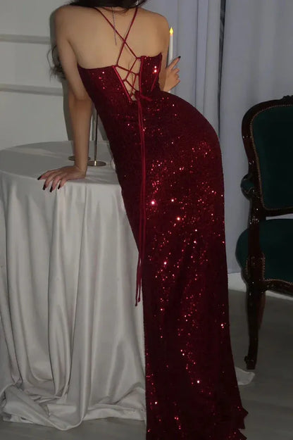 Glamorous Mermaid Sweetheart Neck Sleeveless Sequin Burgundy Maxi Prom Dress for Women Hot Sale