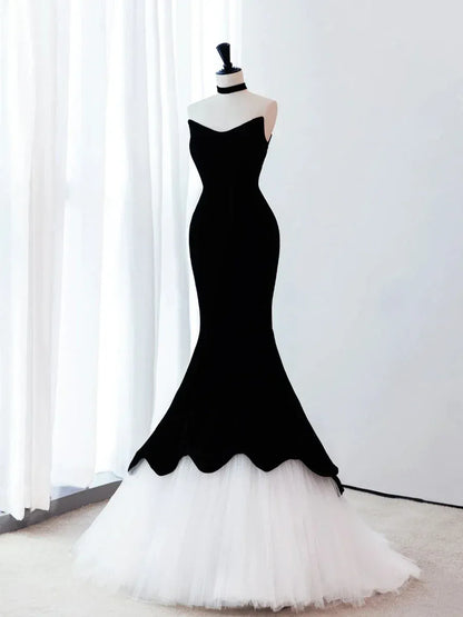Glamorous Mermaid Sweetheart Sleeveless Contrast Black & White Floor-length Prom Dress for Women Custom