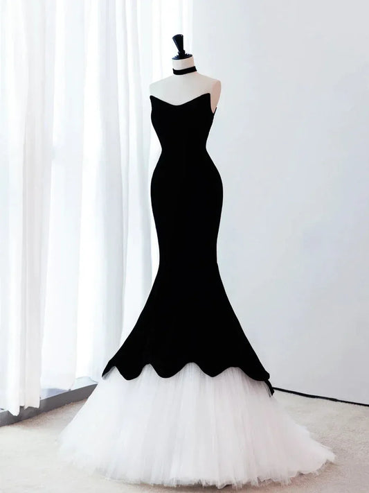 Glamorous Mermaid Sweetheart Sleeveless Contrast Black & White Floor-length Prom Dress for Women Custom