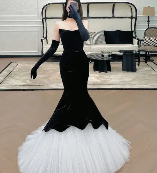 Glamorous Mermaid Sweetheart Sleeveless Contrast Black & White Floor-length Prom Dress for Women Custom