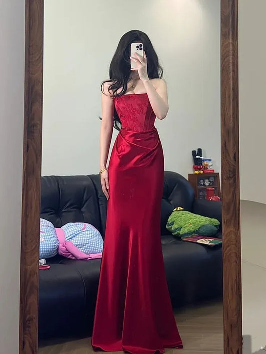 Glamorous Mermaid Sweetheart Sleeveless Lace Red Maxi Prom Dress for Women Ready to Ship