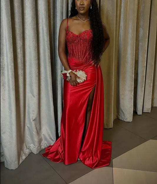 Glamorous Mermaid Sweetheart Spaghetti-Strap Beaded Satin Red Floor-Length Evening Dress for Women