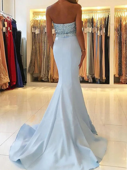 Glamorous Mermaid Sweetheart Strapless Beaded Light Blue Prom Dress