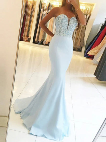 Glamorous Mermaid Sweetheart Strapless Beaded Light Blue Prom Dress
