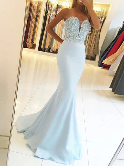 Glamorous Mermaid Sweetheart Strapless Beaded Light Blue Prom Dress