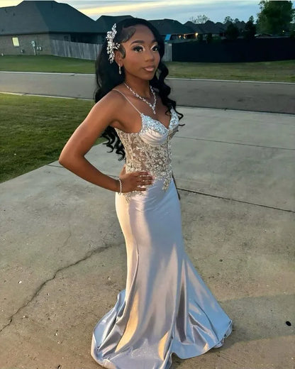 Glamorous Mermaid/Trumpet Spaghetti Straps Sleeveless Satin Floor-Length Prom Dress