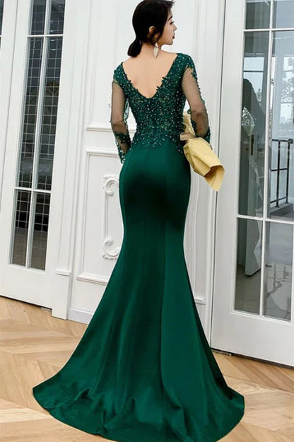 Glamorous Mermaid V-Neck Beaded Emerald Floor-Length Evening Dress