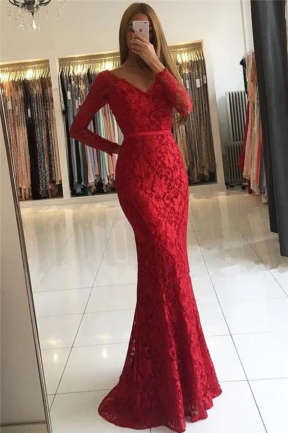 Glamorous Mermaid V-Neck Long Sleeve Lace Red Floor-Length Prom Dresses