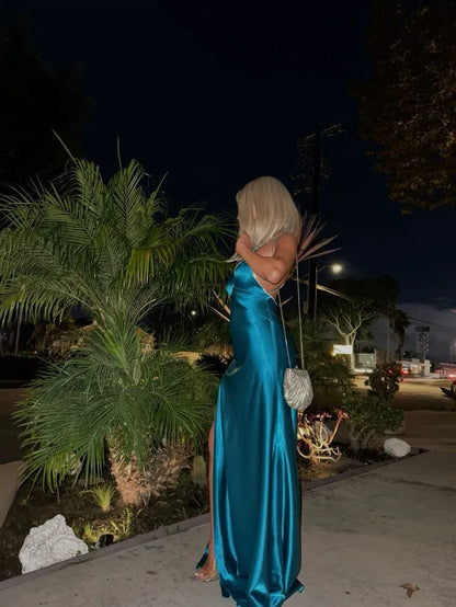 Glamorous Mermaid V-Neck Sleeveless Ruched Teal Maxi Prom Dress for Women Ready to Ship