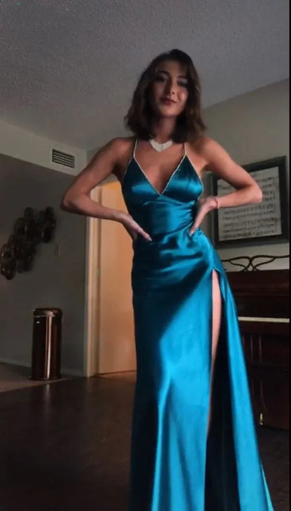 Glamorous Mermaid V-Neck Sleeveless Ruched Teal Maxi Prom Dress for Women Ready to Ship