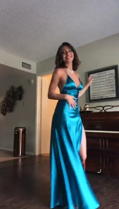 Glamorous Mermaid V-Neck Sleeveless Ruched Teal Maxi Prom Dress for Women Ready to Ship