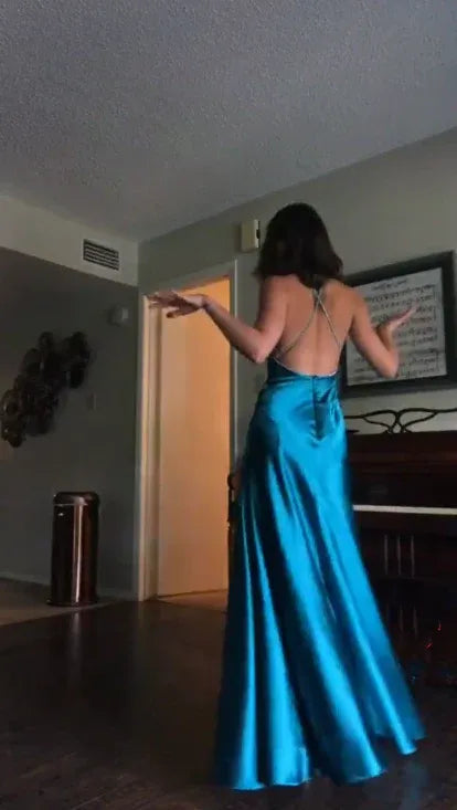 Glamorous Mermaid V-Neck Sleeveless Ruched Teal Maxi Prom Dress for Women Ready to Ship