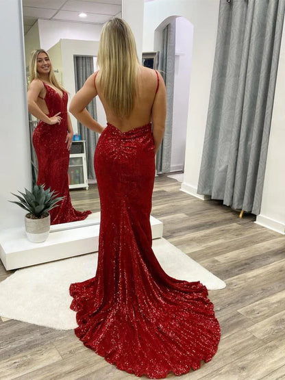 Glamorous Mermaid V-Neck Sleeveless Sequin Red Floor-Length Evening Dress