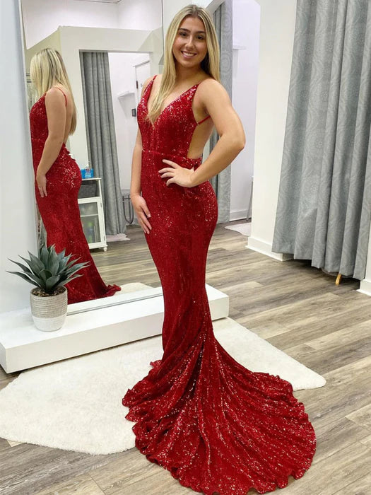 Glamorous Mermaid V-Neck Sleeveless Sequin Red Floor-Length Evening Dress