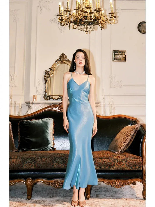 Glamorous Mermaid V-Neck Sleeveless Shimmering Sky Blue Maxi Prom Dress for Women Ready to Ship